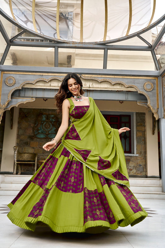 Women's Lehenga Choli in Lime Green Rayon with Ajrakh Print and Mirror Lace