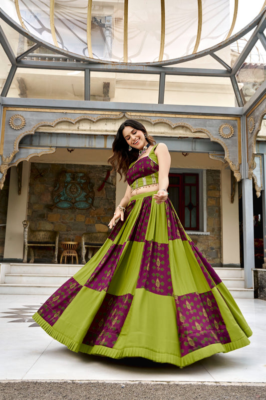 Women's Lehenga Choli in Lime Green Rayon with Ajrakh Print and Mirror Lace