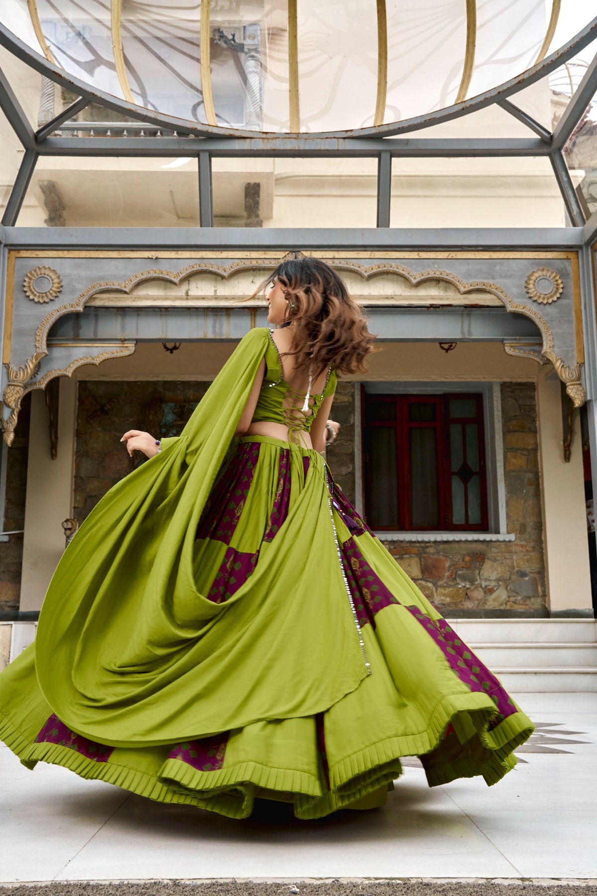 Women's Lehenga Choli in Lime Green Rayon with Ajrakh Print and Mirror Lace
