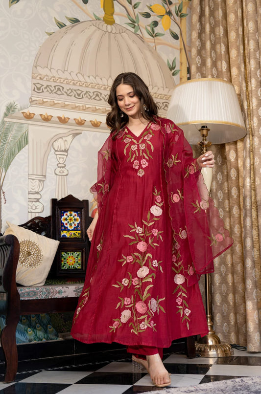 Women's Kurta Set in Maroon Pure Viscose Chanderi with Sequin Embroidery