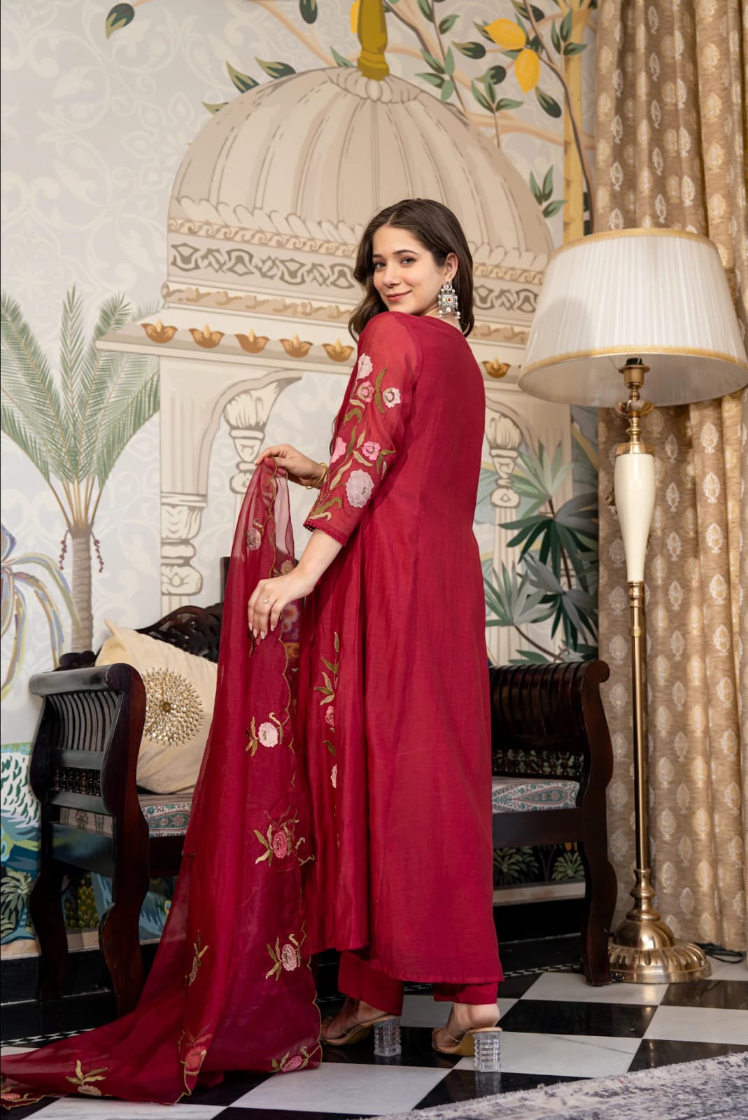 Women's Kurta Set in Maroon Pure Viscose Chanderi with Sequin Embroidery