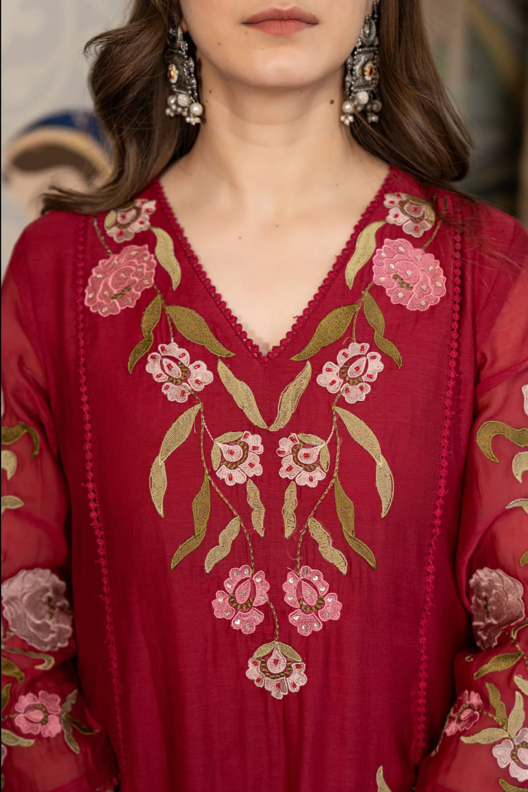 Women's Kurta Set in Maroon Pure Viscose Chanderi with Sequin Embroidery