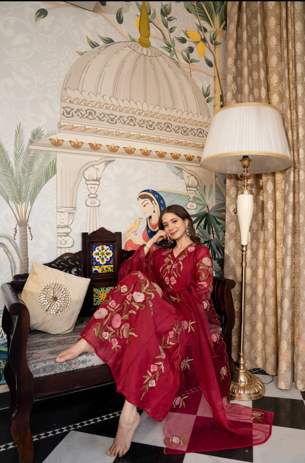 Women's Kurta Set in Maroon Pure Viscose Chanderi with Sequin Embroidery