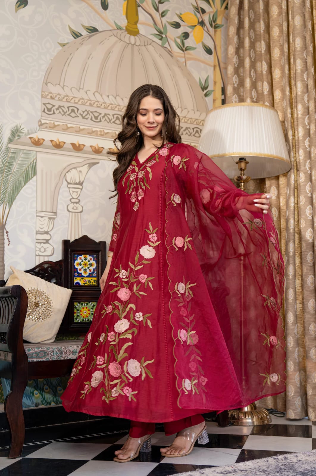 Women's Kurta Set in Maroon Pure Viscose Chanderi with Sequin Embroidery