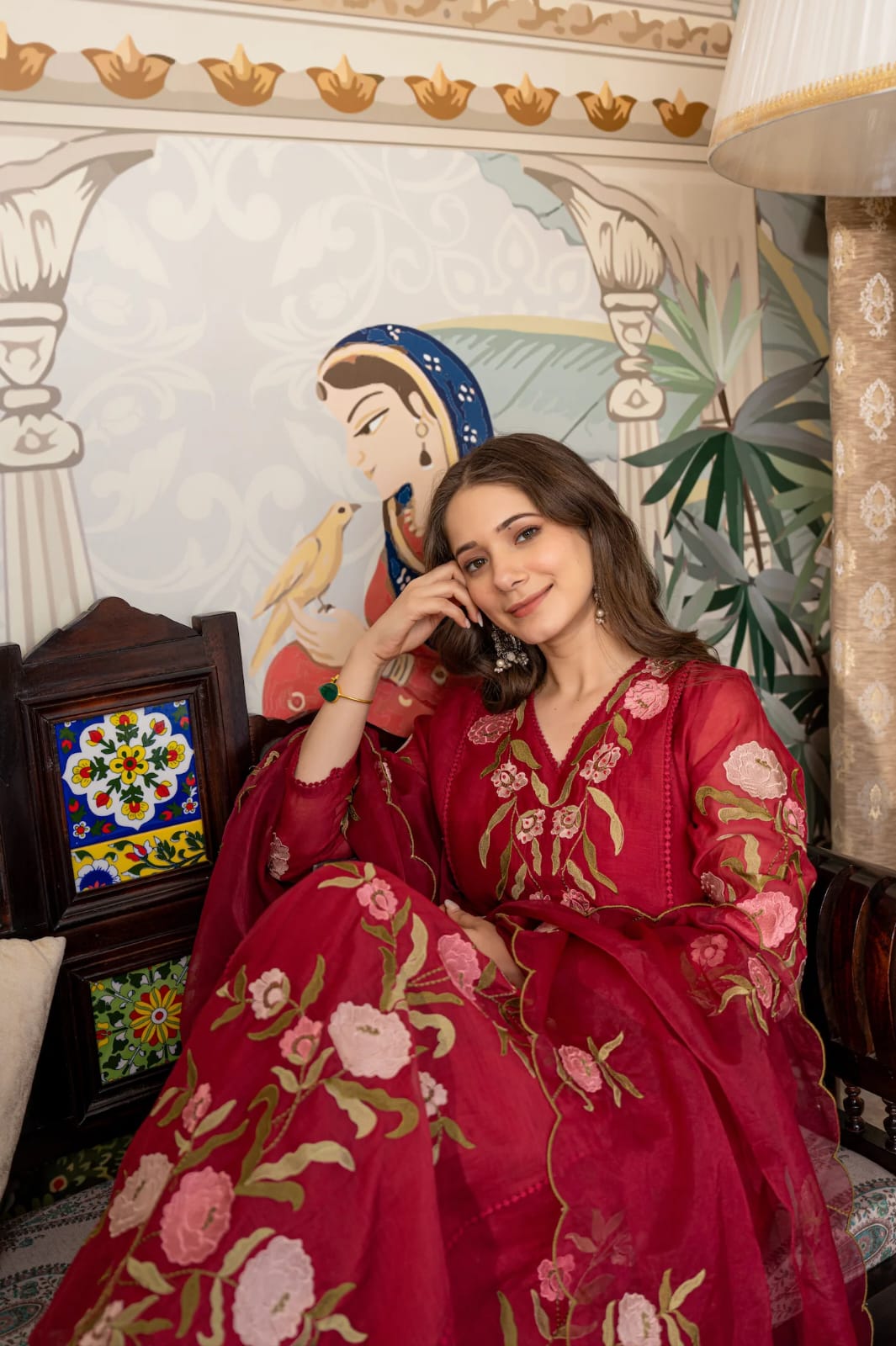 Women's Kurta Set in Maroon Pure Viscose Chanderi with Sequin Embroidery