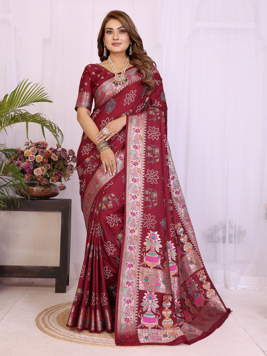Women's Dola Silk Saree in Assorted Colors with Bandhej Khadi Print and Zari Weaving Border
