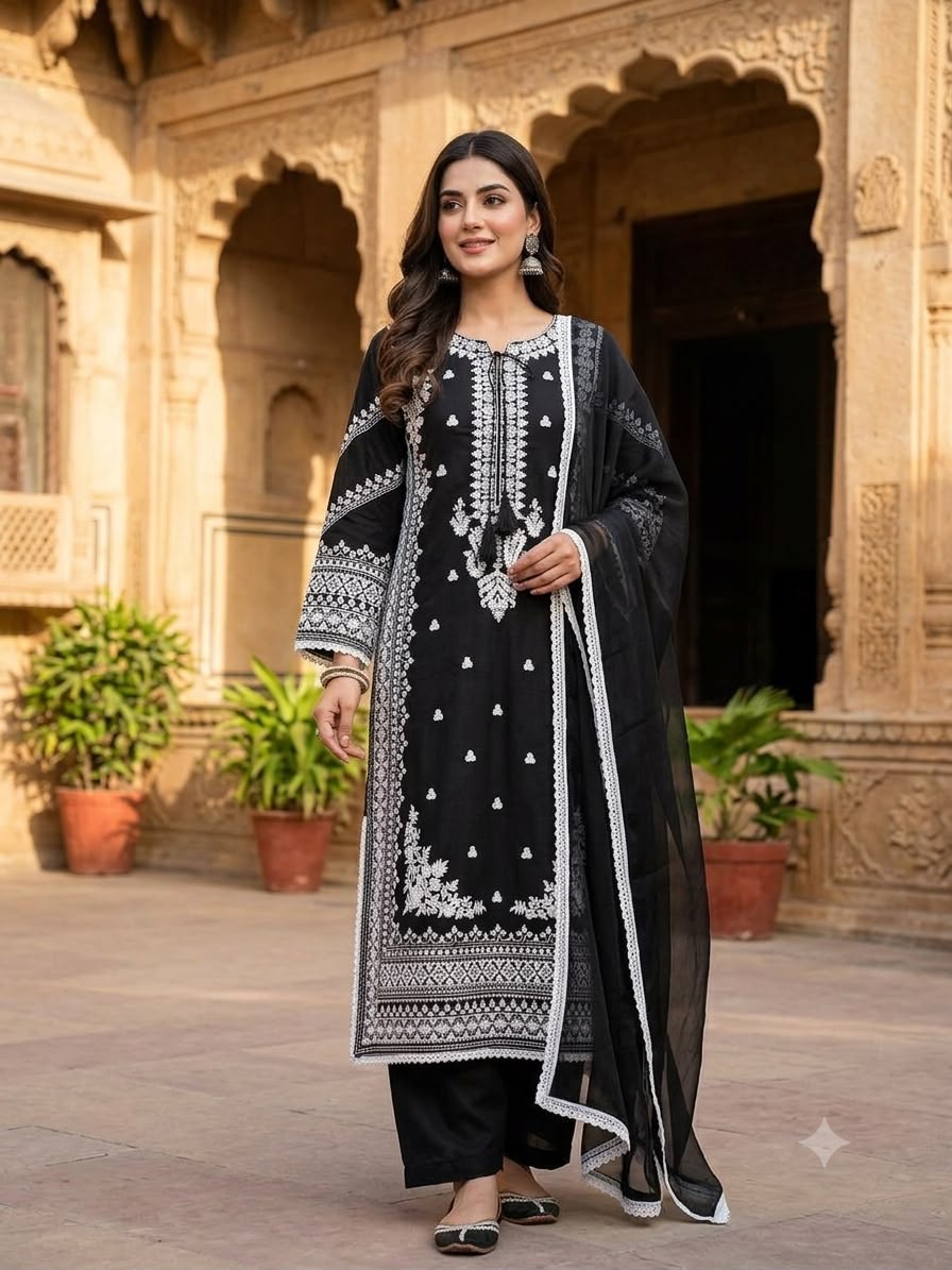 Women's Pakistani Suit Set in Black Rayon Satin with White Embroidery