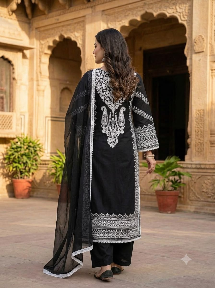 Women's Pakistani Suit Set in Black Rayon Satin with White Embroidery