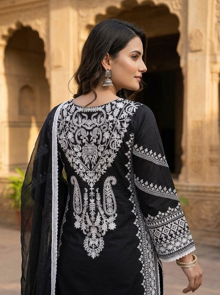 Women's Pakistani Suit Set in Black Rayon Satin with White Embroidery