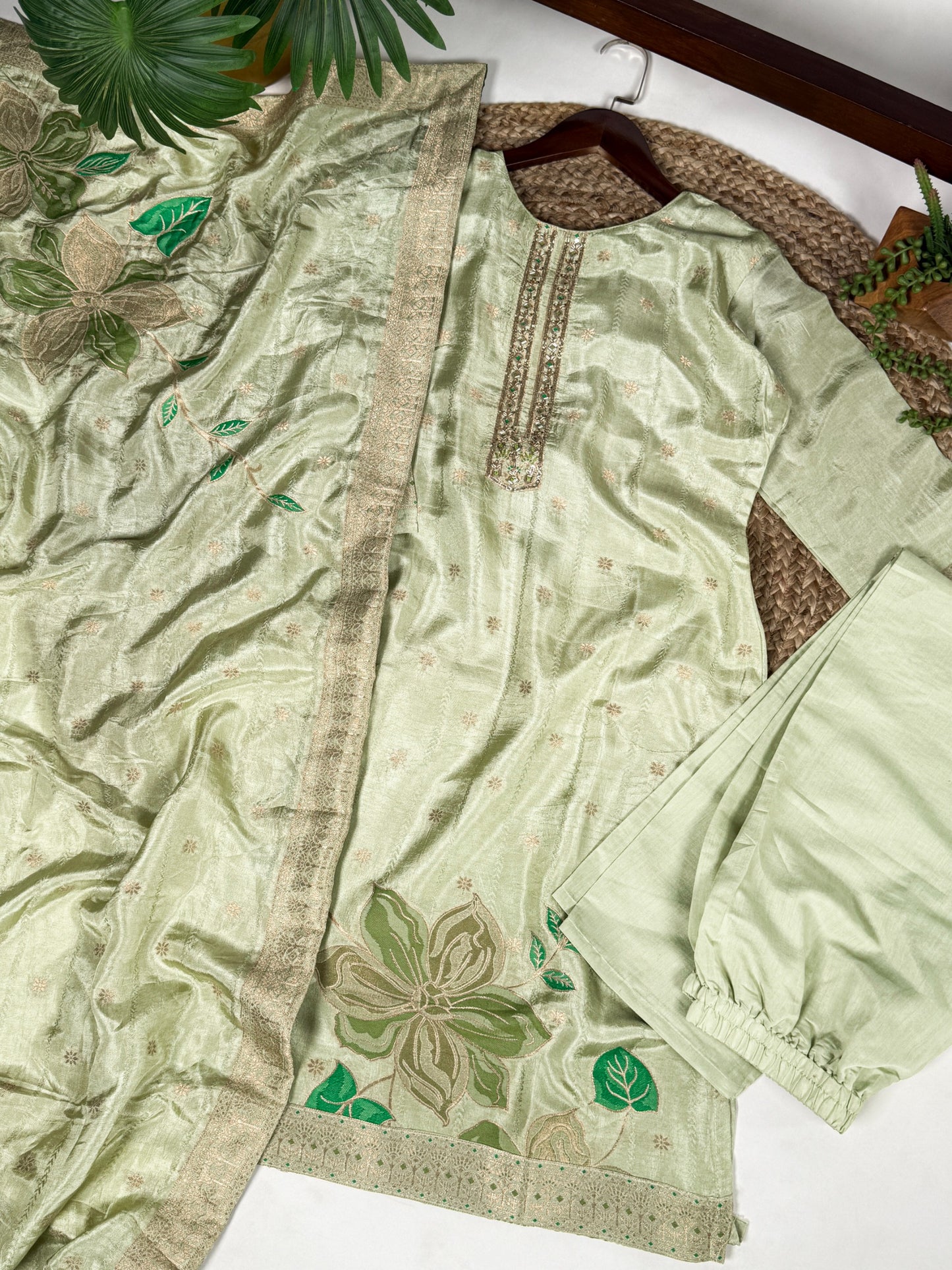 Pastel green with a hint of shimmer—this Viscose suit brings comfort, beauty, and sophistication together 💚