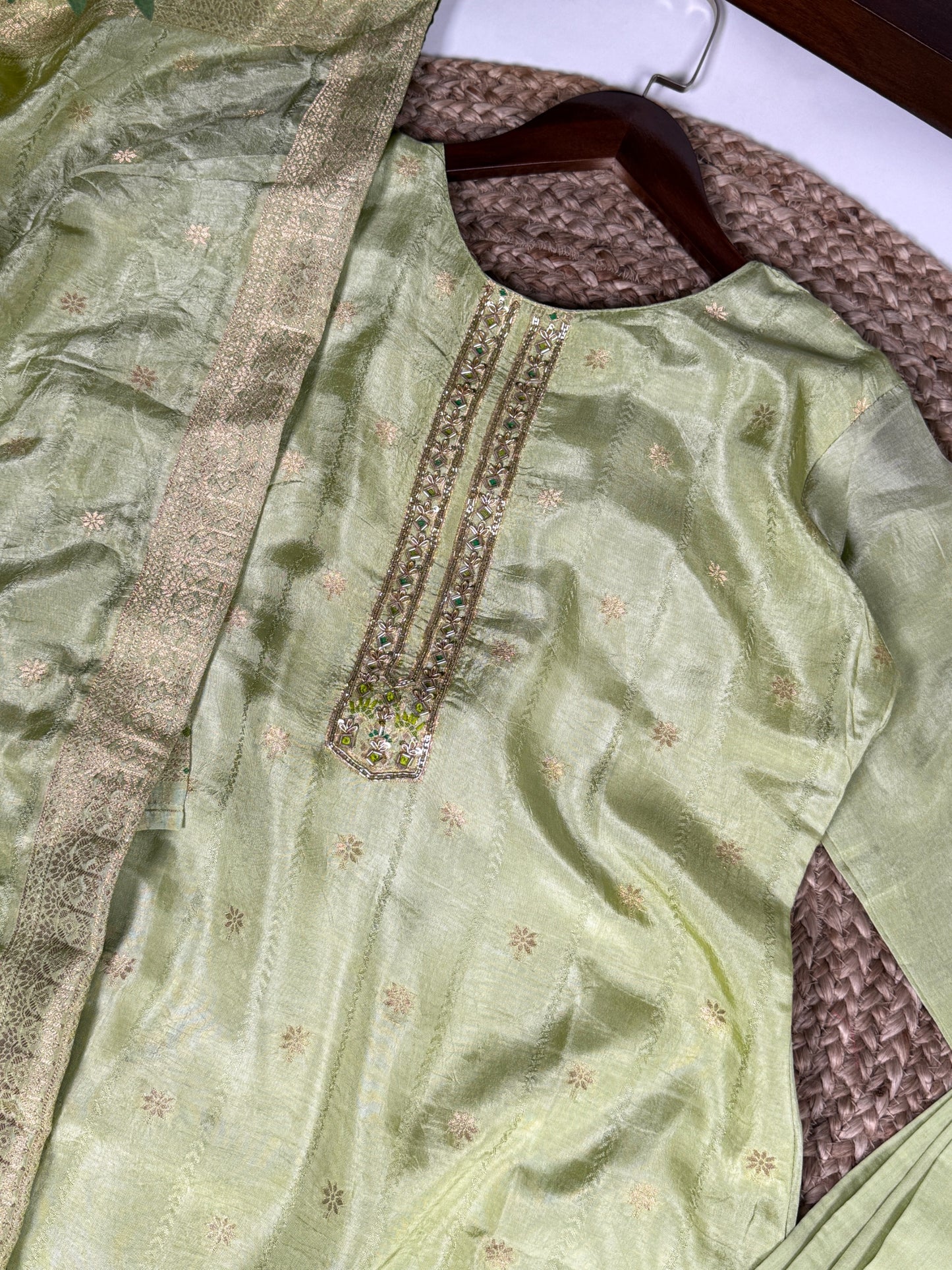 Pastel green with a hint of shimmer—this Viscose suit brings comfort, beauty, and sophistication together 💚