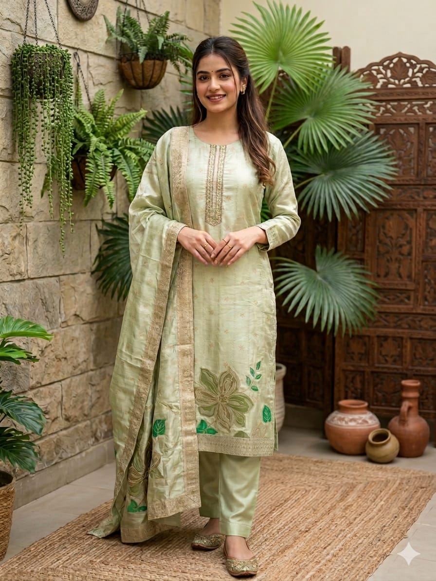 Pastel green with a hint of shimmer—this Viscose suit brings comfort, beauty, and sophistication together 💚