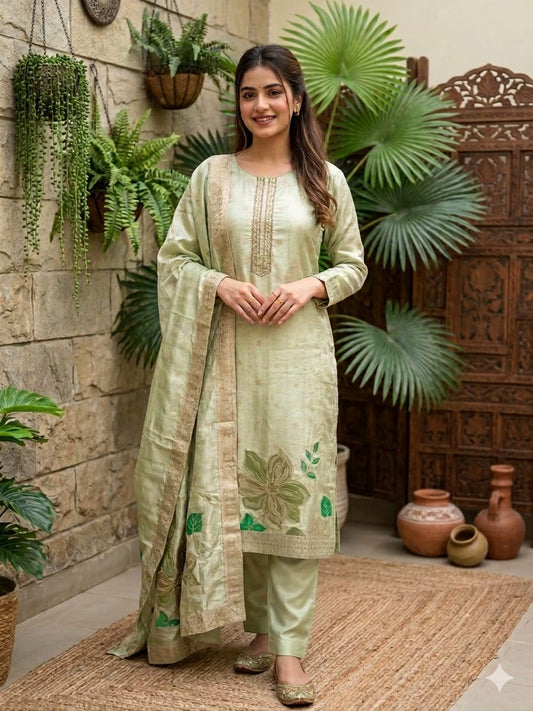Pastel green with a hint of shimmer—this Viscose suit brings comfort, beauty, and sophistication together 💚