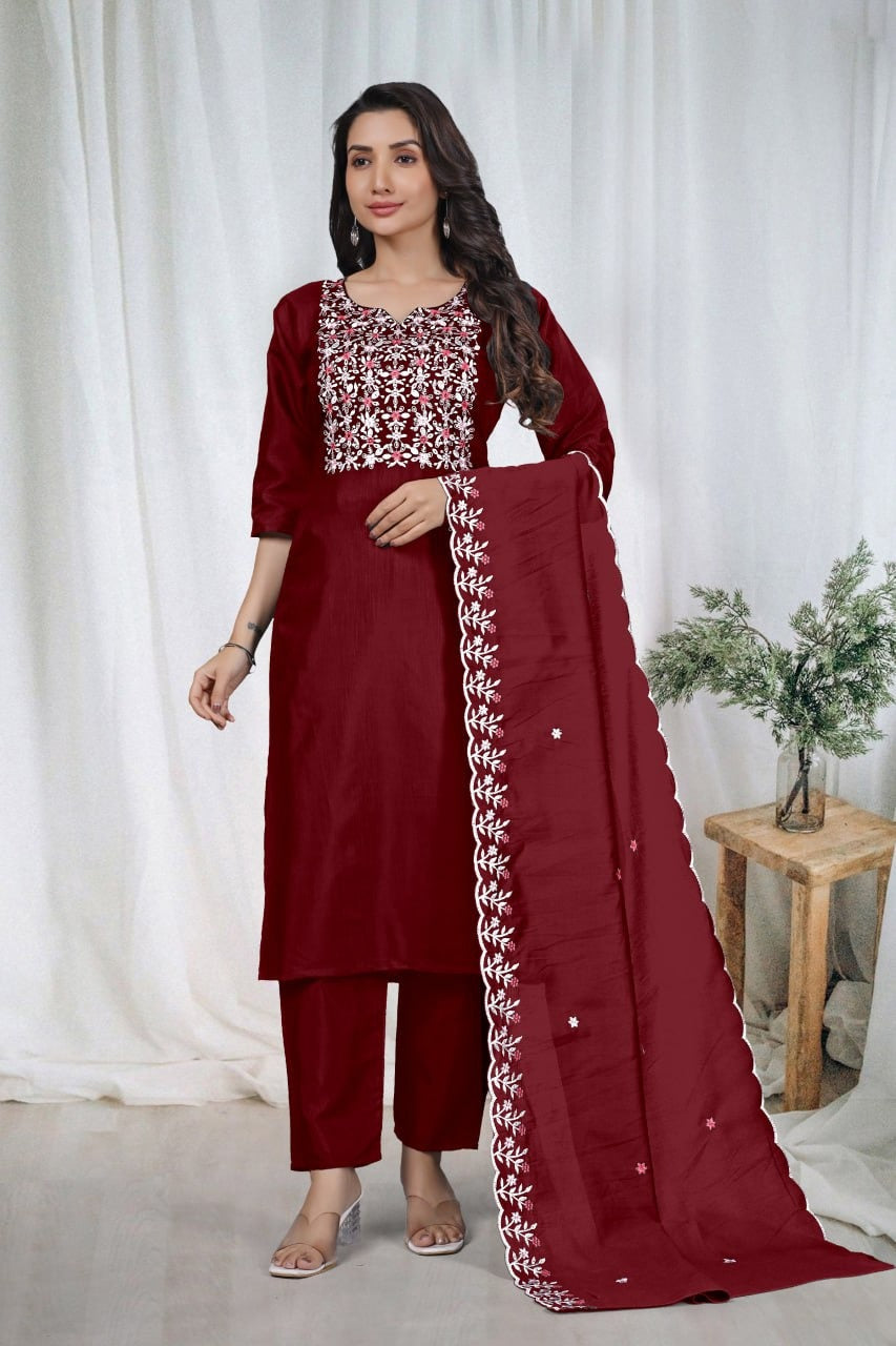 Elegant Embroidery Cotton Fabric Calf Length Straight Kurta Set