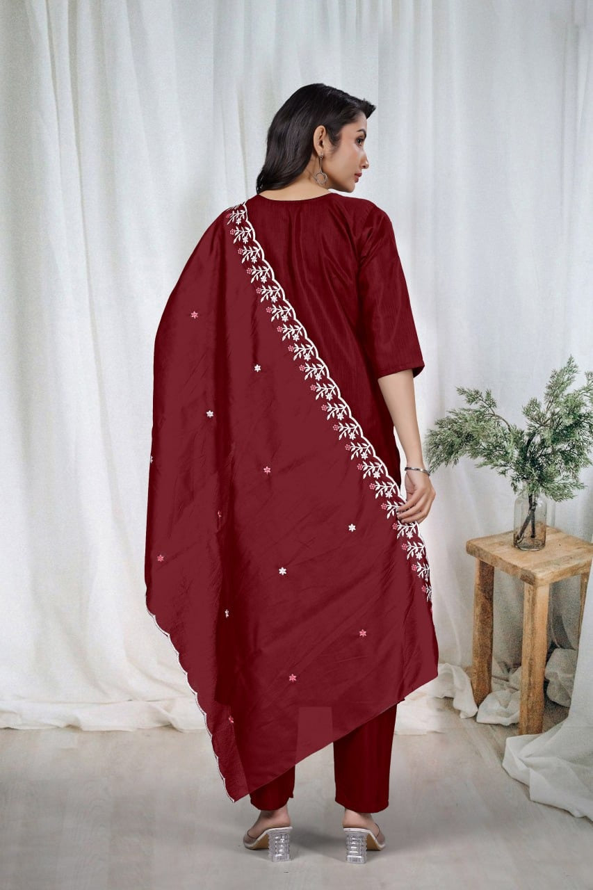 Elegant Embroidery Cotton Fabric Calf Length Straight Kurta Set