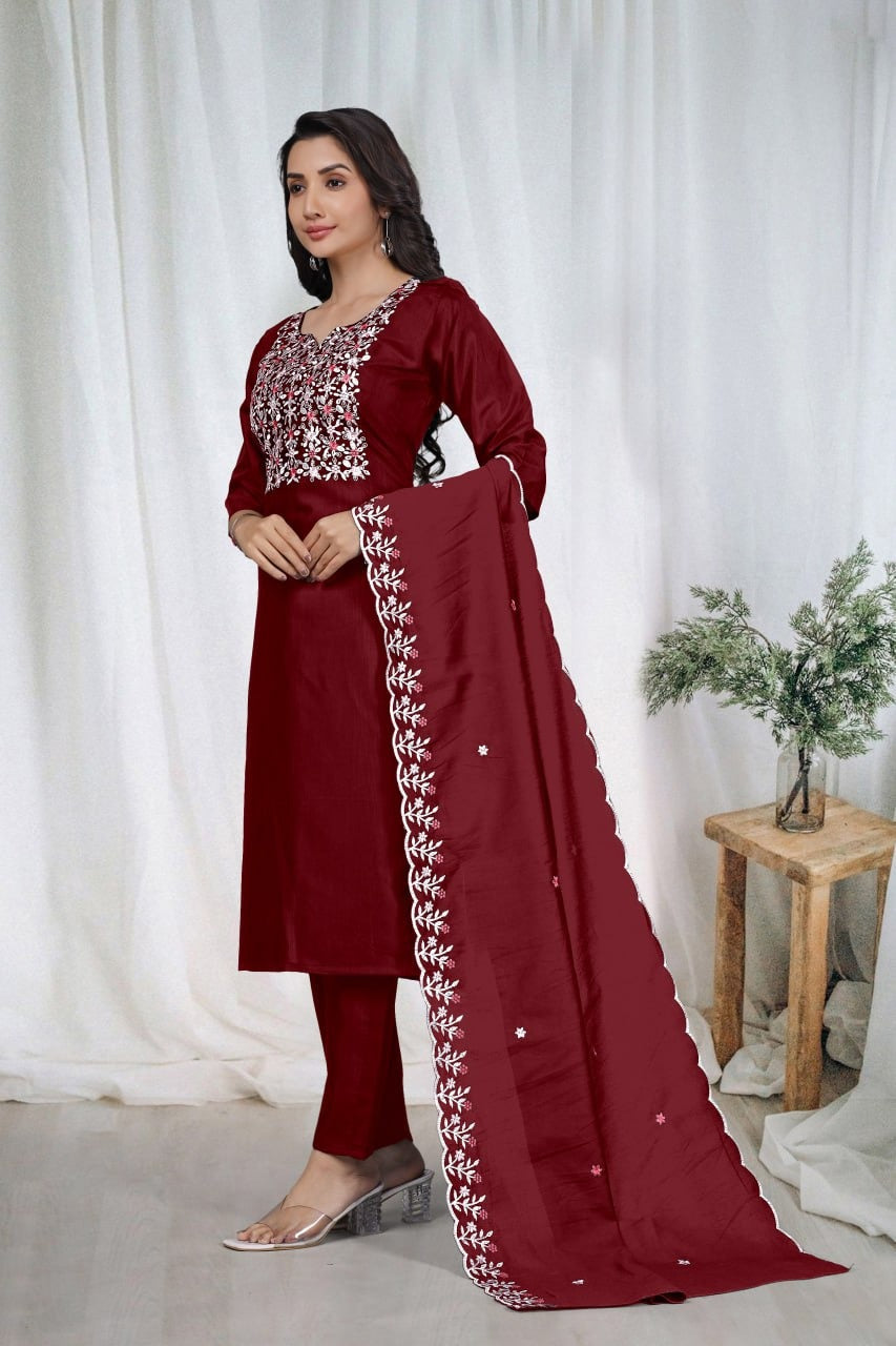 Elegant Embroidery Cotton Fabric Calf Length Straight Kurta Set