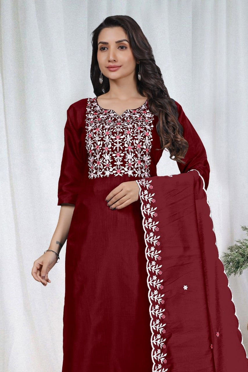 Elegant Embroidery Cotton Fabric Calf Length Straight Kurta Set