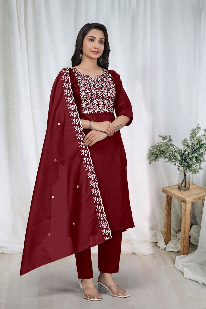 Elegant Embroidery Cotton Fabric Calf Length Straight Kurta Set
