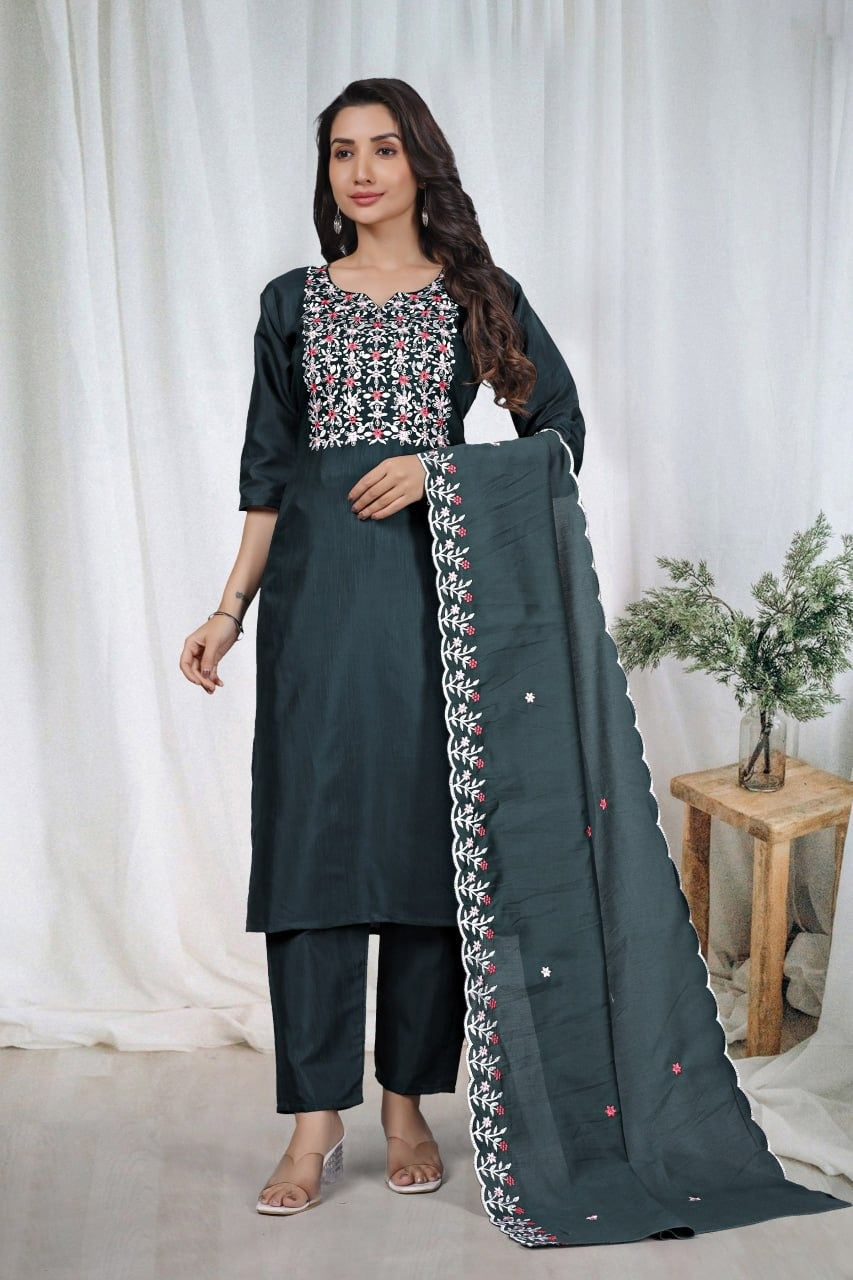 Elegant Embroidery Cotton Fabric Calf Length Straight Kurta Set