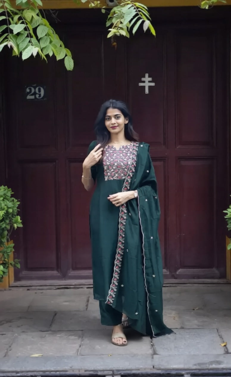 Elegant Embroidery Cotton Fabric Calf Length Straight Kurta Set