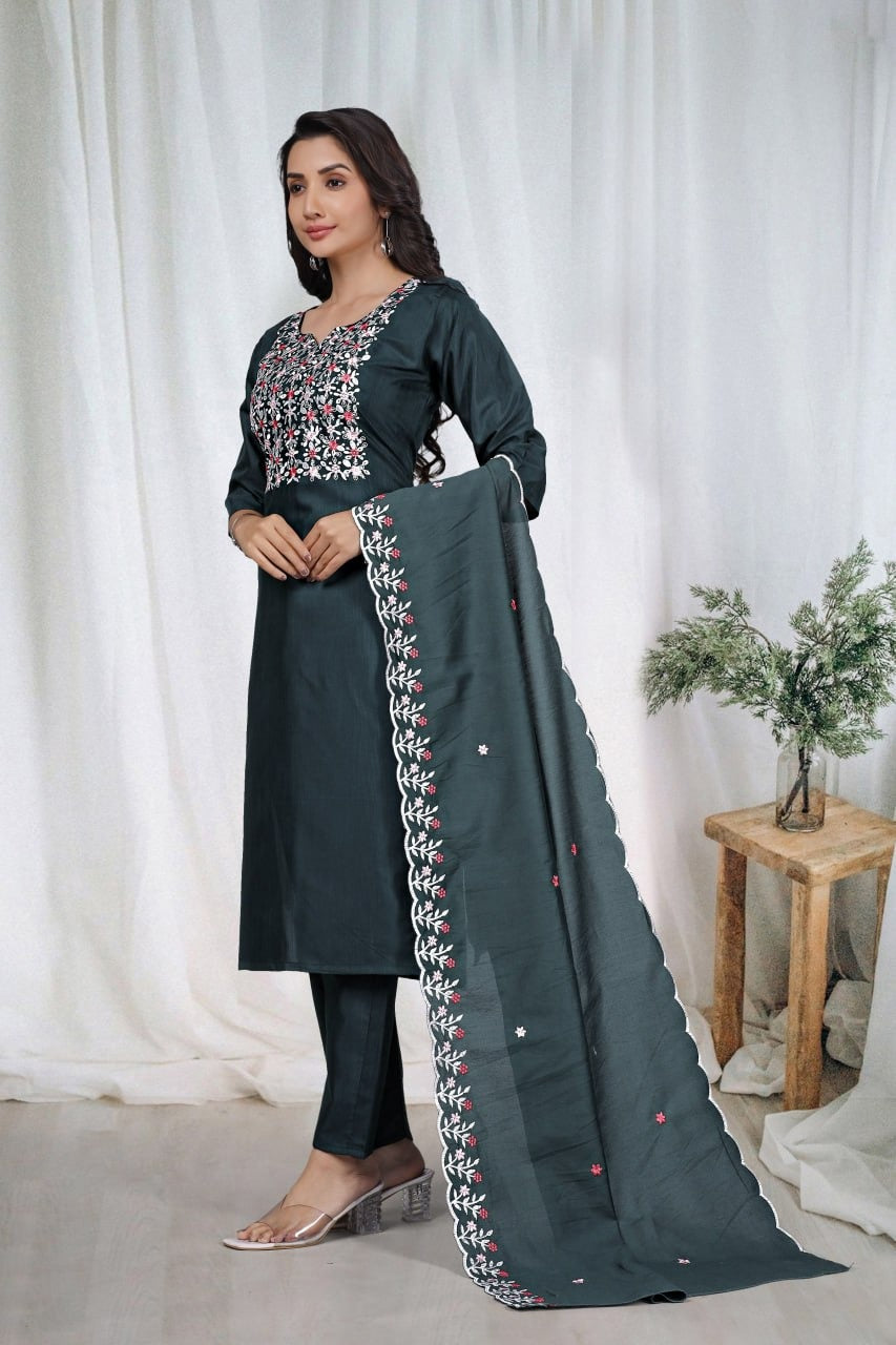 Elegant Embroidery Cotton Fabric Calf Length Straight Kurta Set