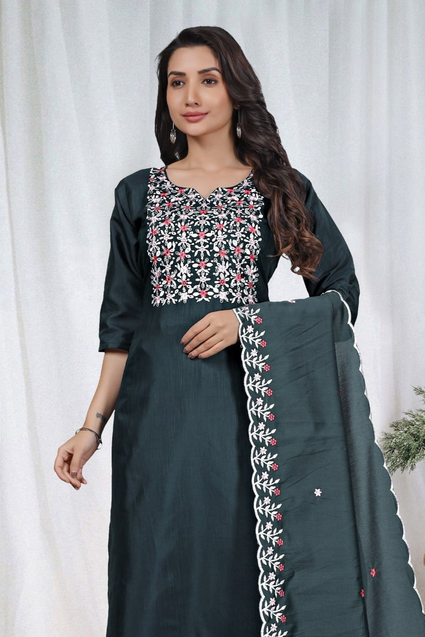 Elegant Embroidery Cotton Fabric Calf Length Straight Kurta Set