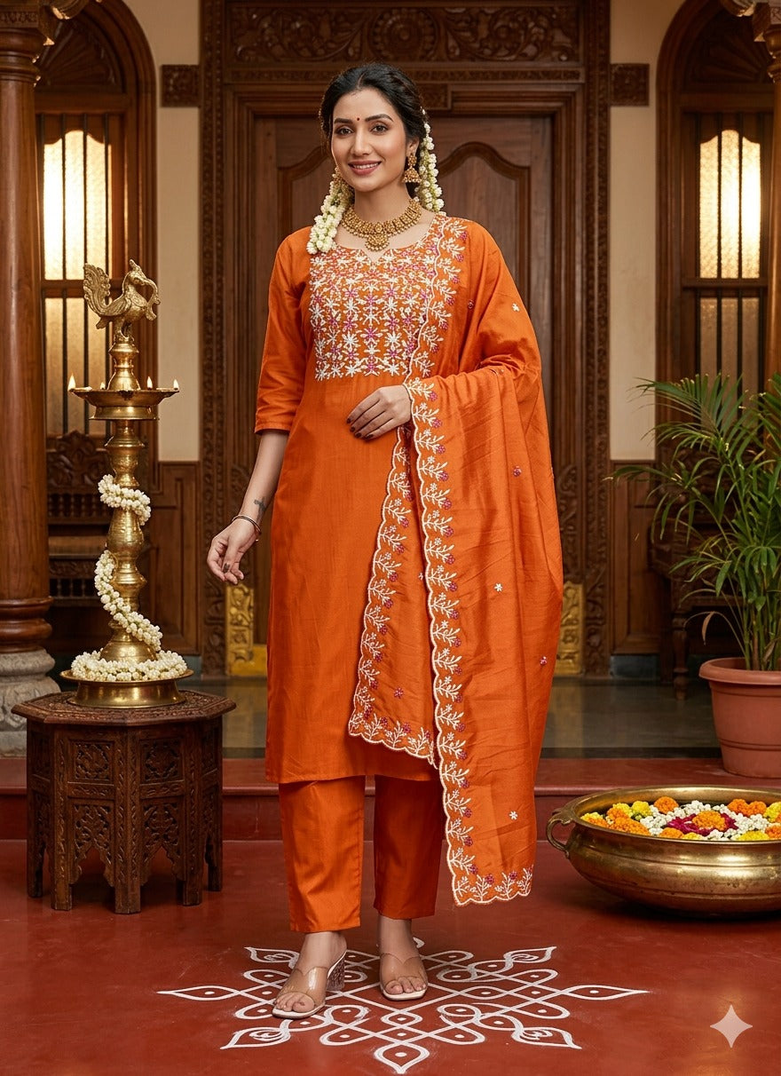 Elegant Embroidery Cotton Fabric Calf Length Straight Kurta Set