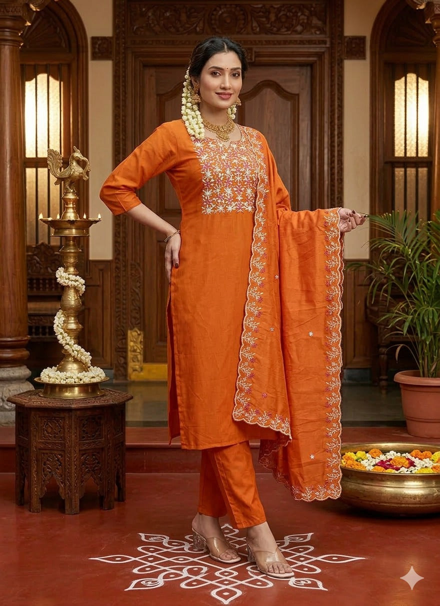 Elegant Embroidery Cotton Fabric Calf Length Straight Kurta Set