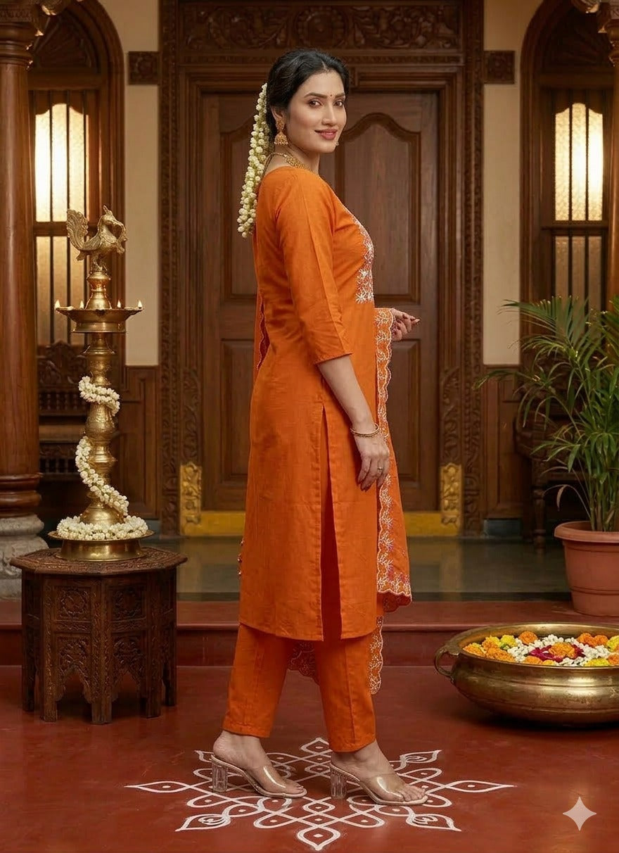 Elegant Embroidery Cotton Fabric Calf Length Straight Kurta Set
