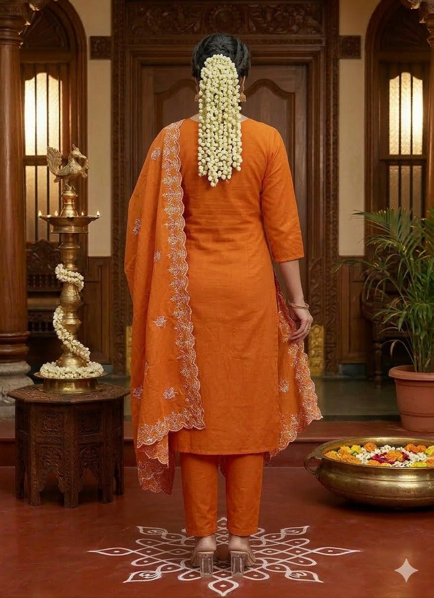 Elegant Embroidery Cotton Fabric Calf Length Straight Kurta Set