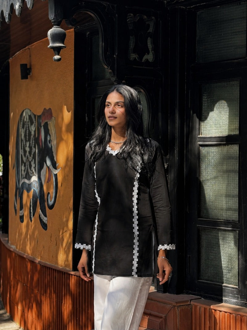 ✨  Roman Silk Lace Work Short Kurti | Black & Rust | Elegant & Trendy ✨