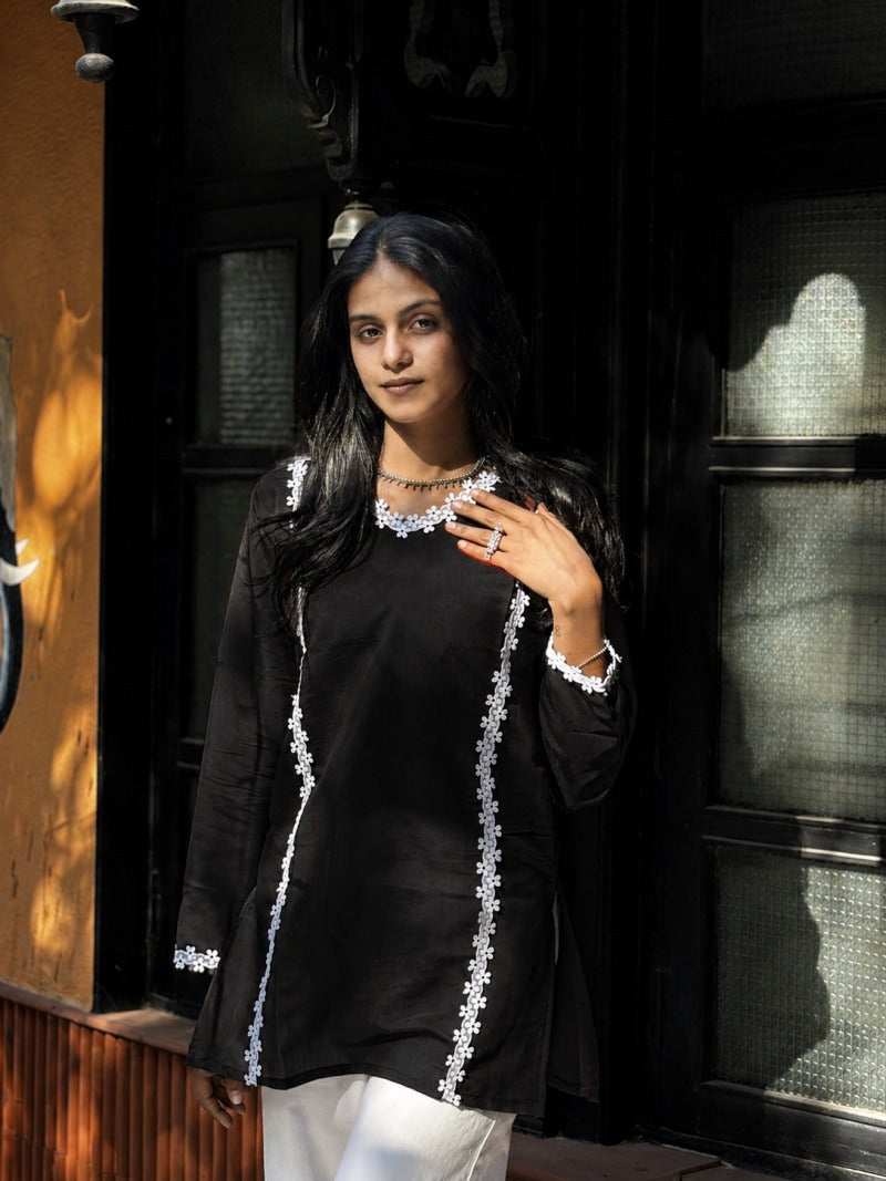 ✨  Roman Silk Lace Work Short Kurti | Black & Rust | Elegant & Trendy ✨