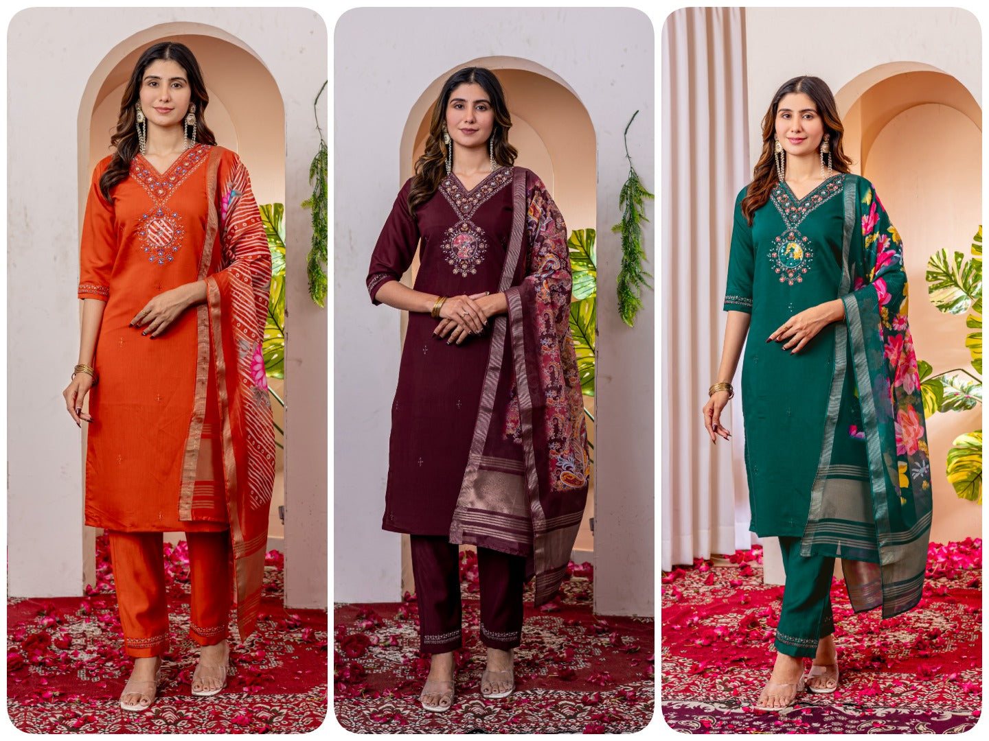 Elegant Silk Straight Pant-Suit Sets in Three Royal Shades Adorned with Exquisite Hand-Embroidered Necklines ✨