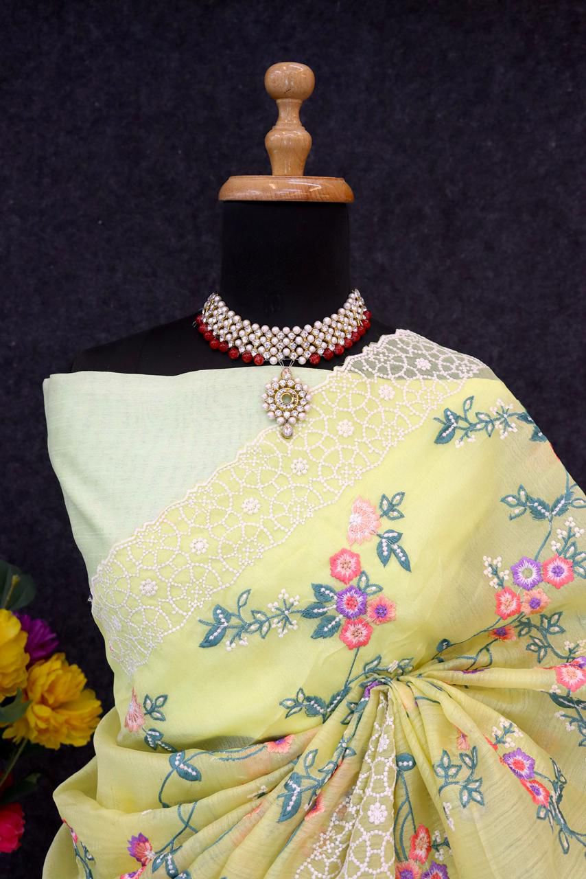 Pastel Organza Saree with Floral Embroidery and Chikankari-Style Lace Borders