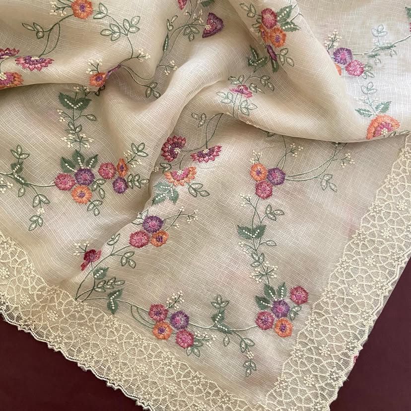 Pastel Organza Saree with Floral Embroidery and Chikankari-Style Lace Borders