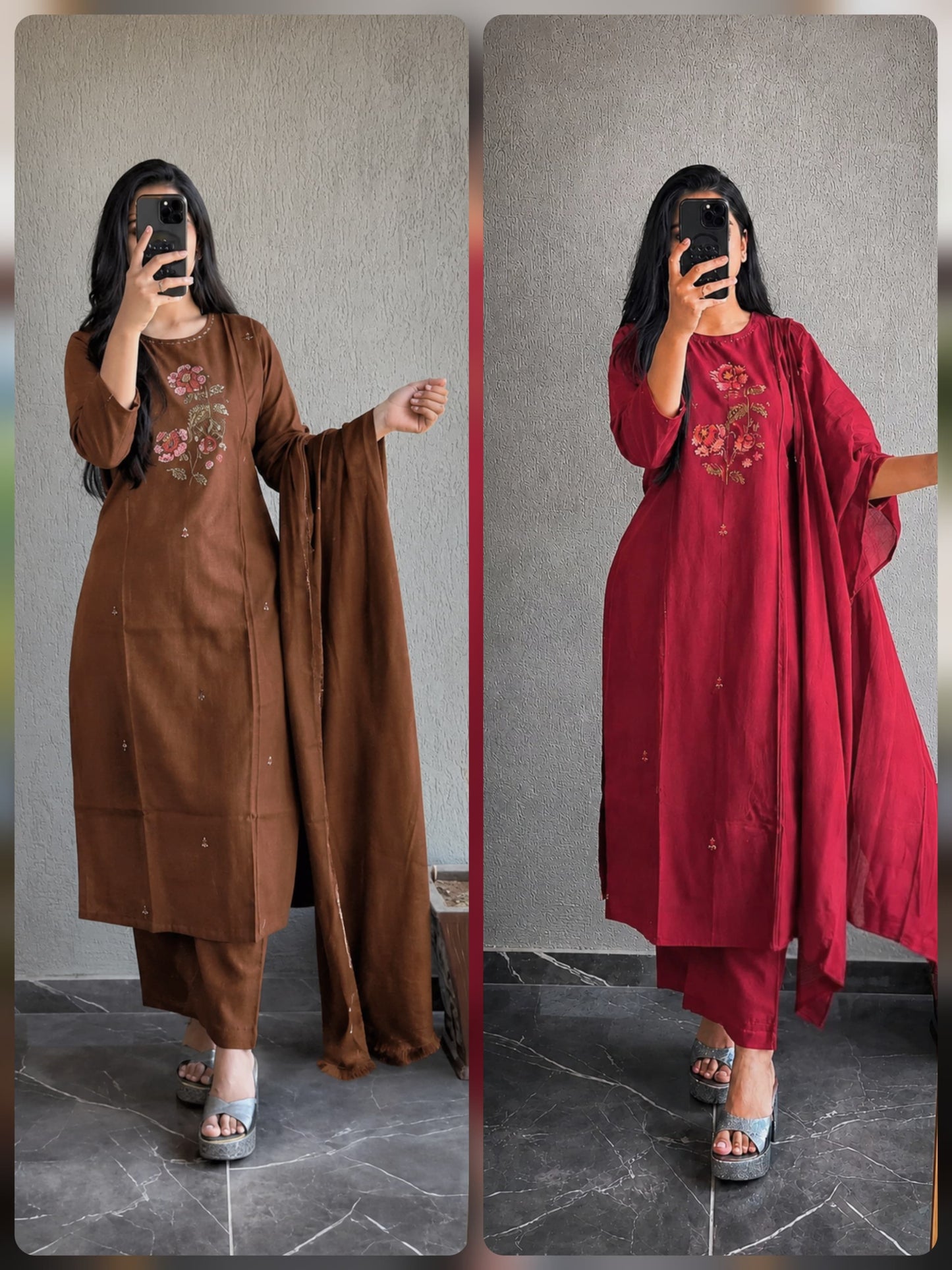 The Dual Palette of Festive Comfort: Exploring Deep Coffee Brown and Vivid Crimson Red Tones in Modern Silk-Blend Salwar Suits