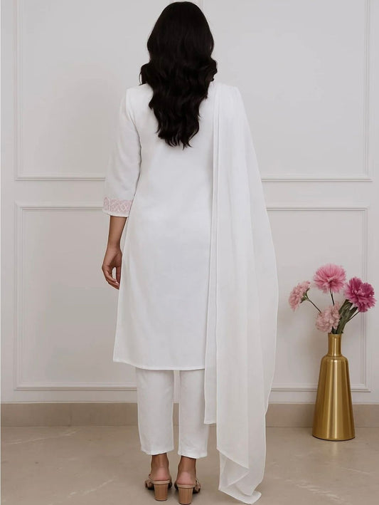 Graceful White Cotton Straight Kurta Pant Set with Delicate Mauve Floral Neckline Embroidery and Matching Lightweight Dupatta
