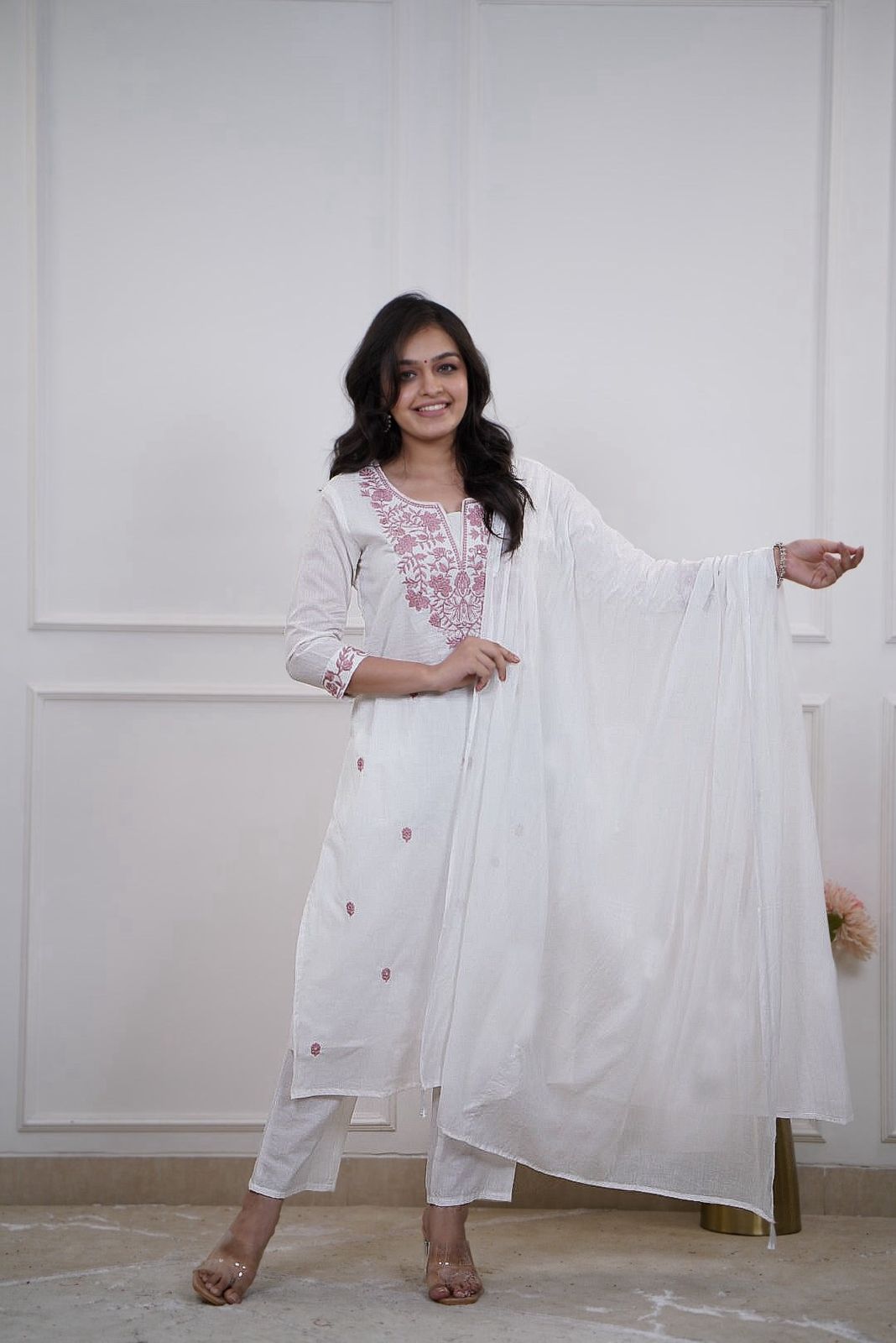 Graceful White Cotton Straight Kurta Pant Set with Delicate Mauve Floral Neckline Embroidery and Matching Lightweight Dupatta