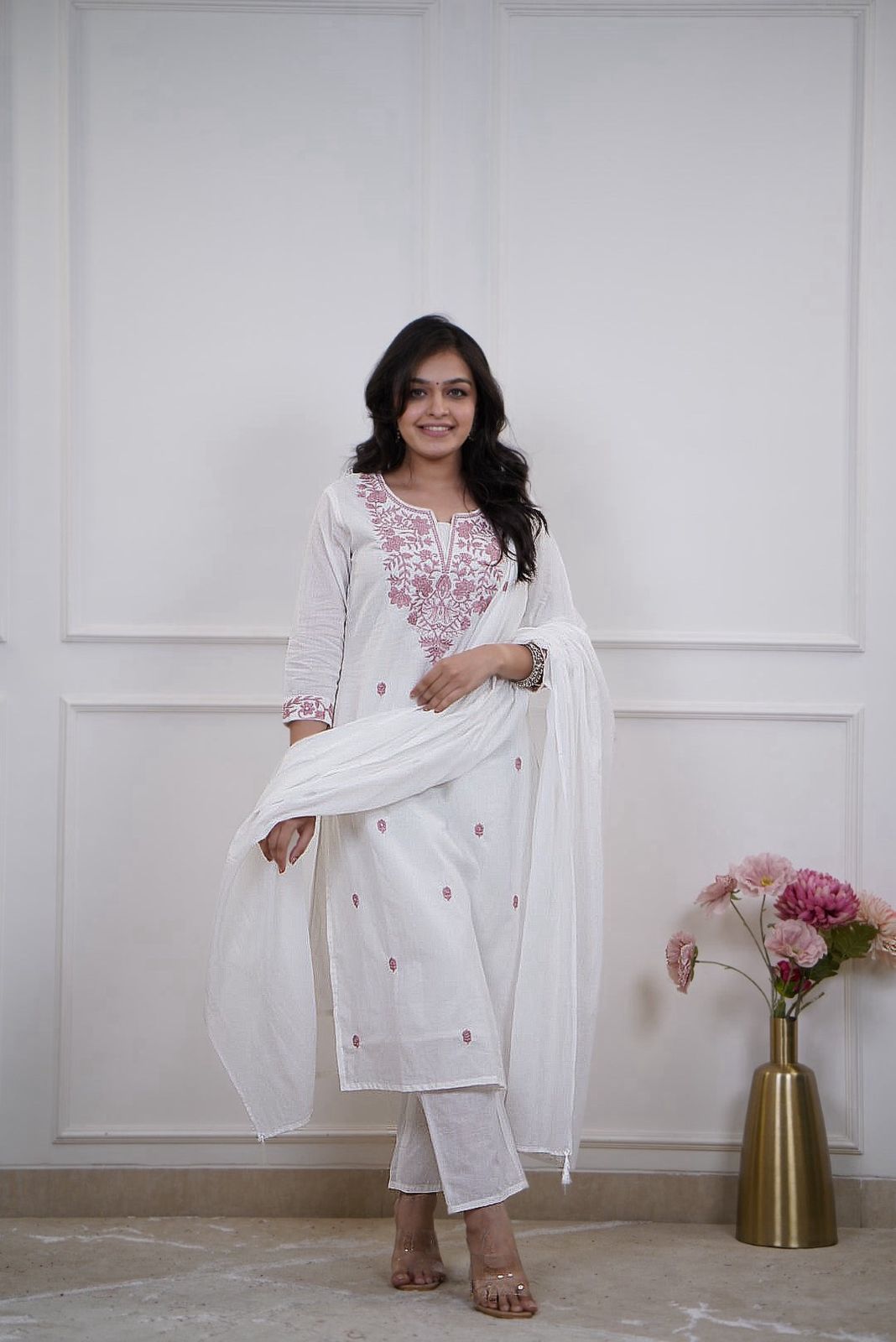 Graceful White Cotton Straight Kurta Pant Set with Delicate Mauve Floral Neckline Embroidery and Matching Lightweight Dupatta