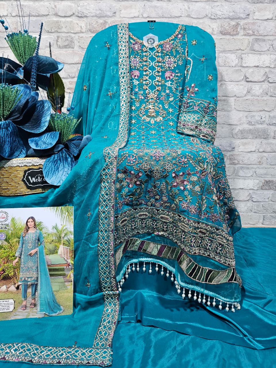Embroidered Chiffon Pakistani Salwar Kameez Suit Set with Khatli Handwork