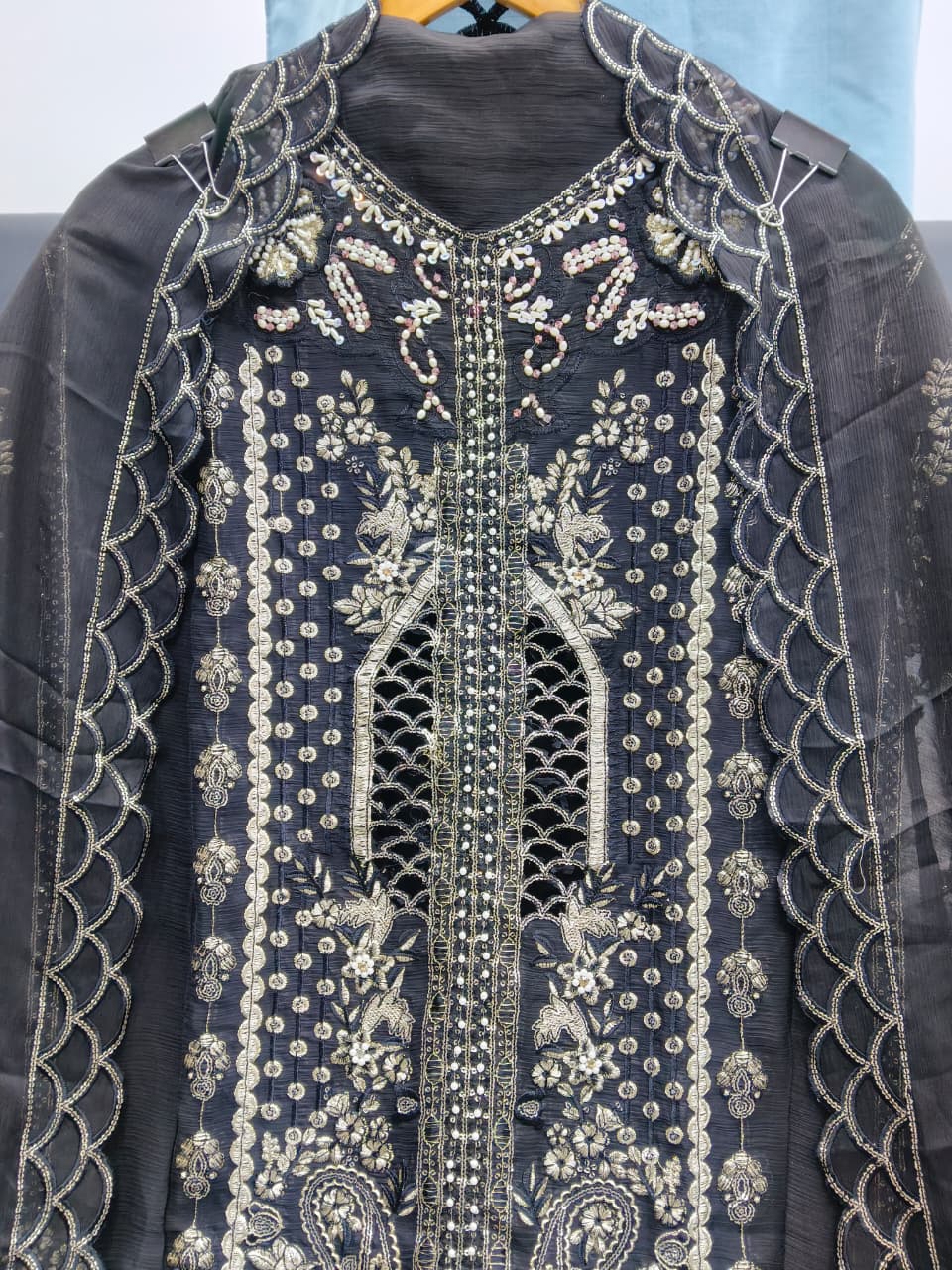 Designer stylish suit crafted in IMP CRYSTAL CHIFFON with elegant embroidery and  pure handwork.