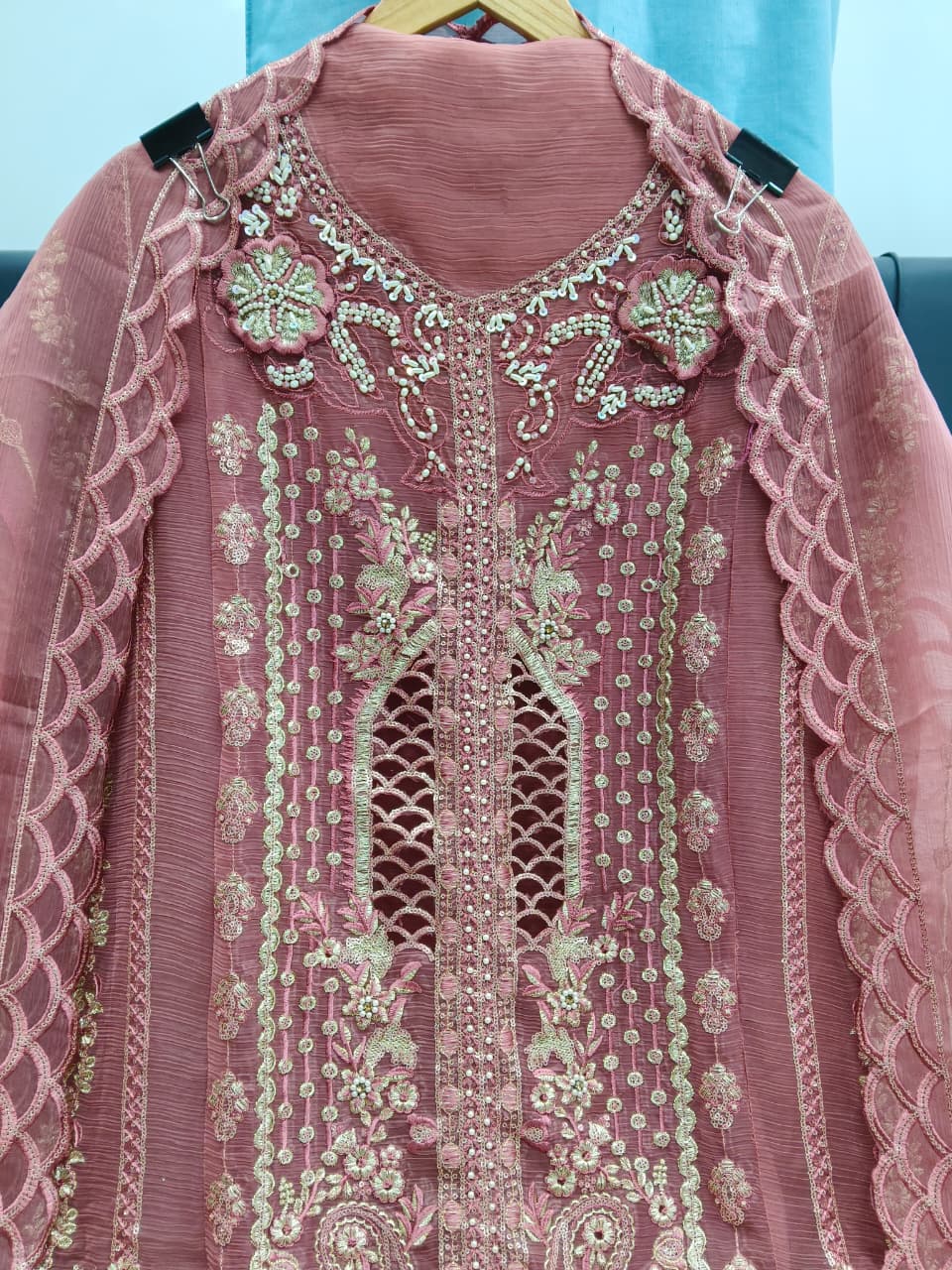Designer stylish suit crafted in IMP CRYSTAL CHIFFON with elegant embroidery and  pure handwork.