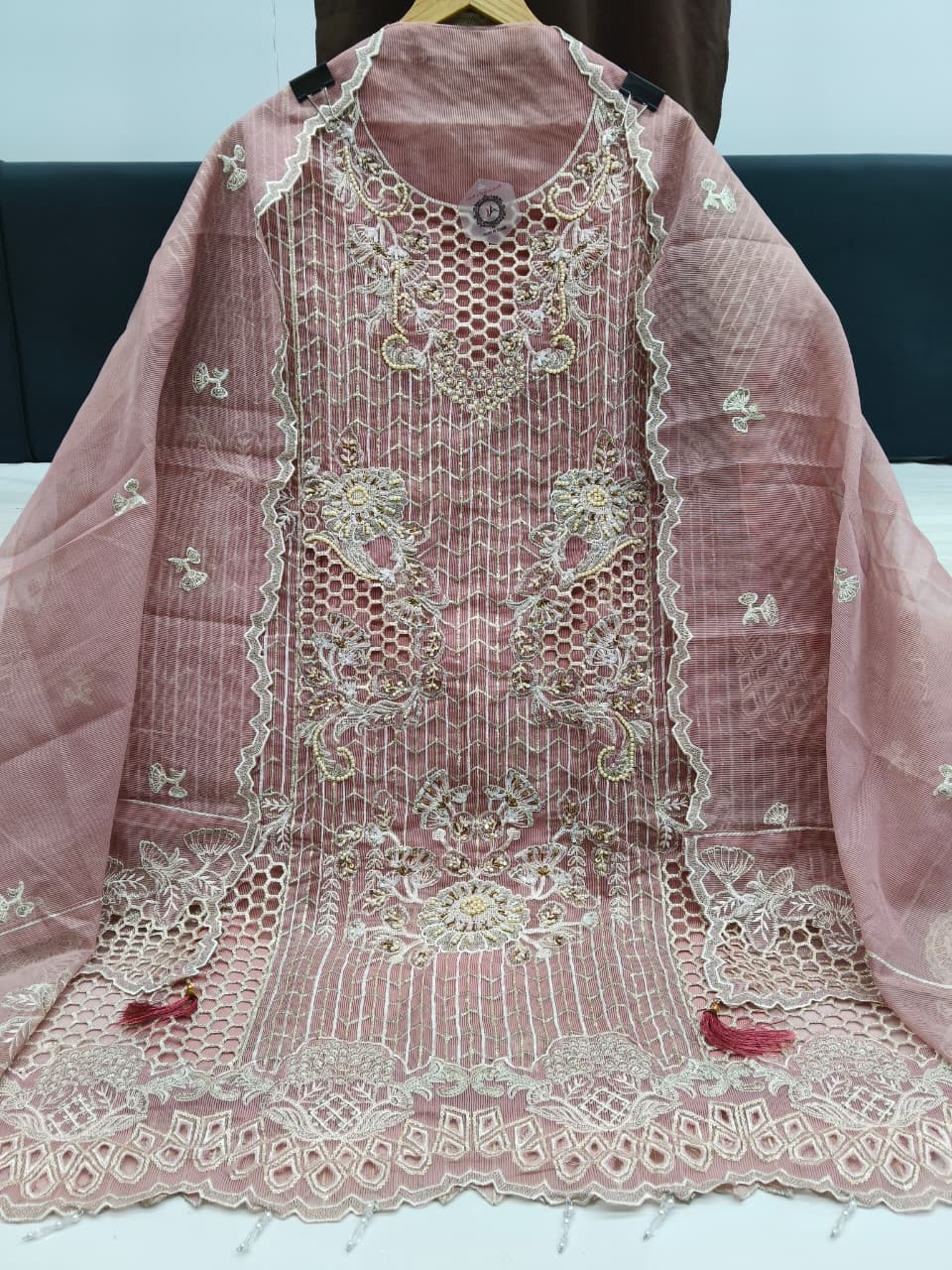 Women's Semi-Stitched Organza Suit Catalog Set in Assorted Colors with Heavy Embroidery and Zardosi Work