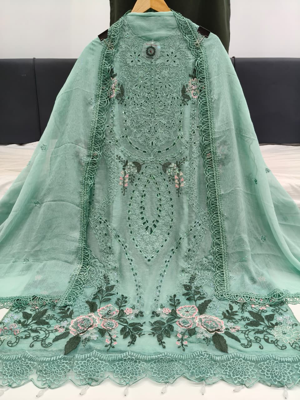 Women's Semi-Stitched Chiffon Suit Catalog Set in Assorted Colors with Embroidery, Purl Moti Work and Cutwork