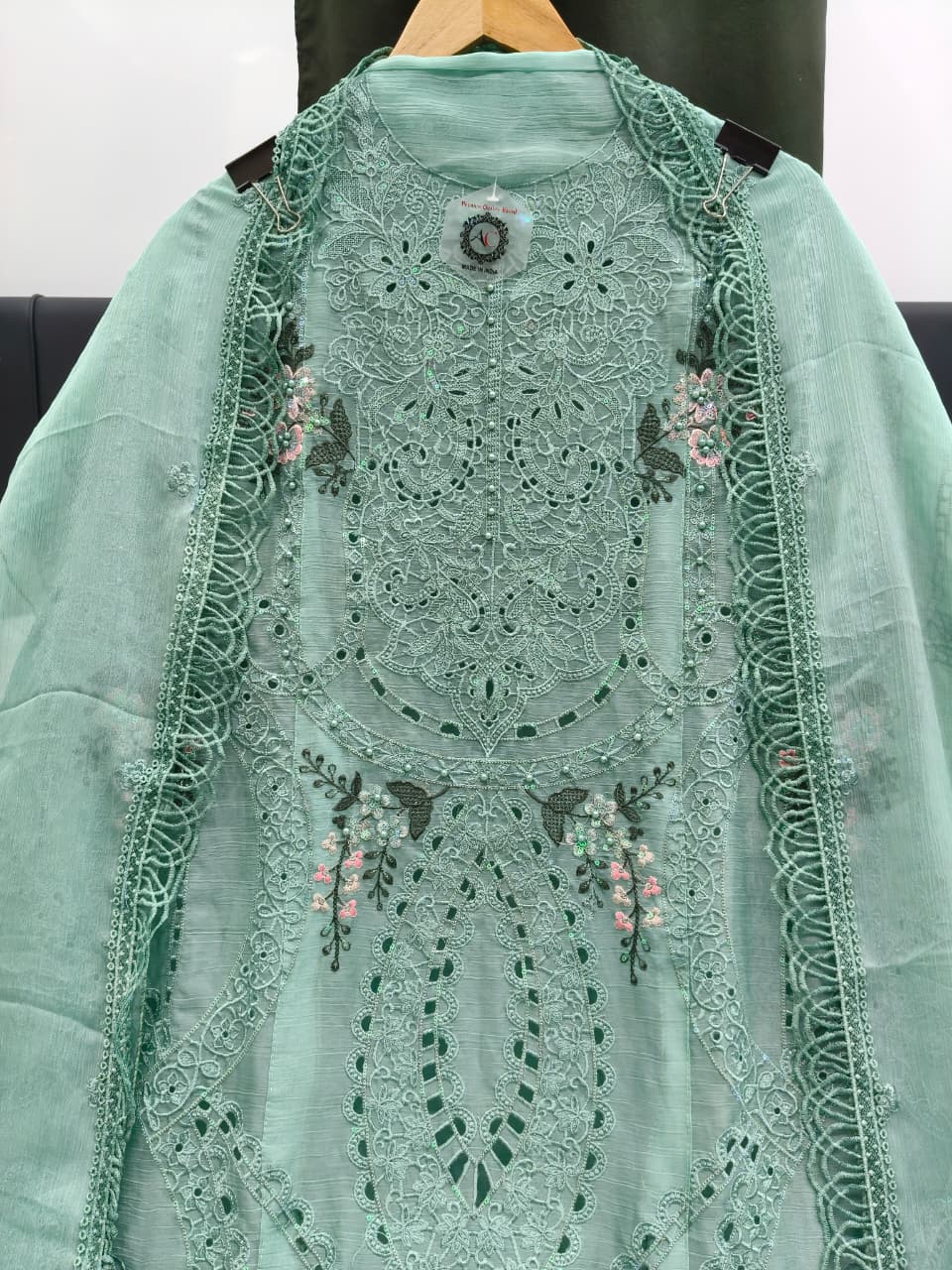 Women's Semi-Stitched Chiffon Suit Catalog Set in Assorted Colors with Embroidery, Purl Moti Work and Cutwork