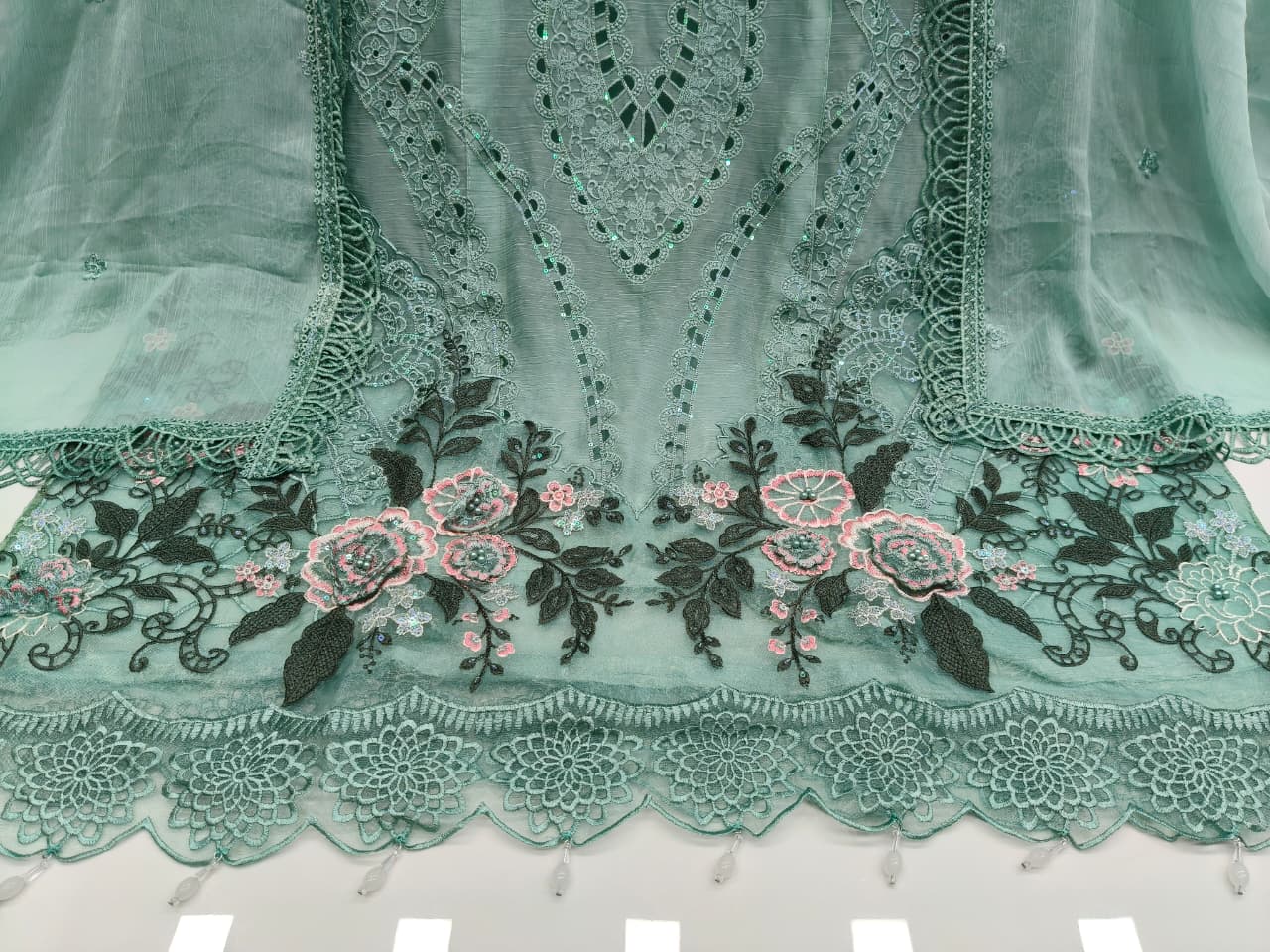 Women's Semi-Stitched Chiffon Suit Catalog Set in Assorted Colors with Embroidery, Purl Moti Work and Cutwork