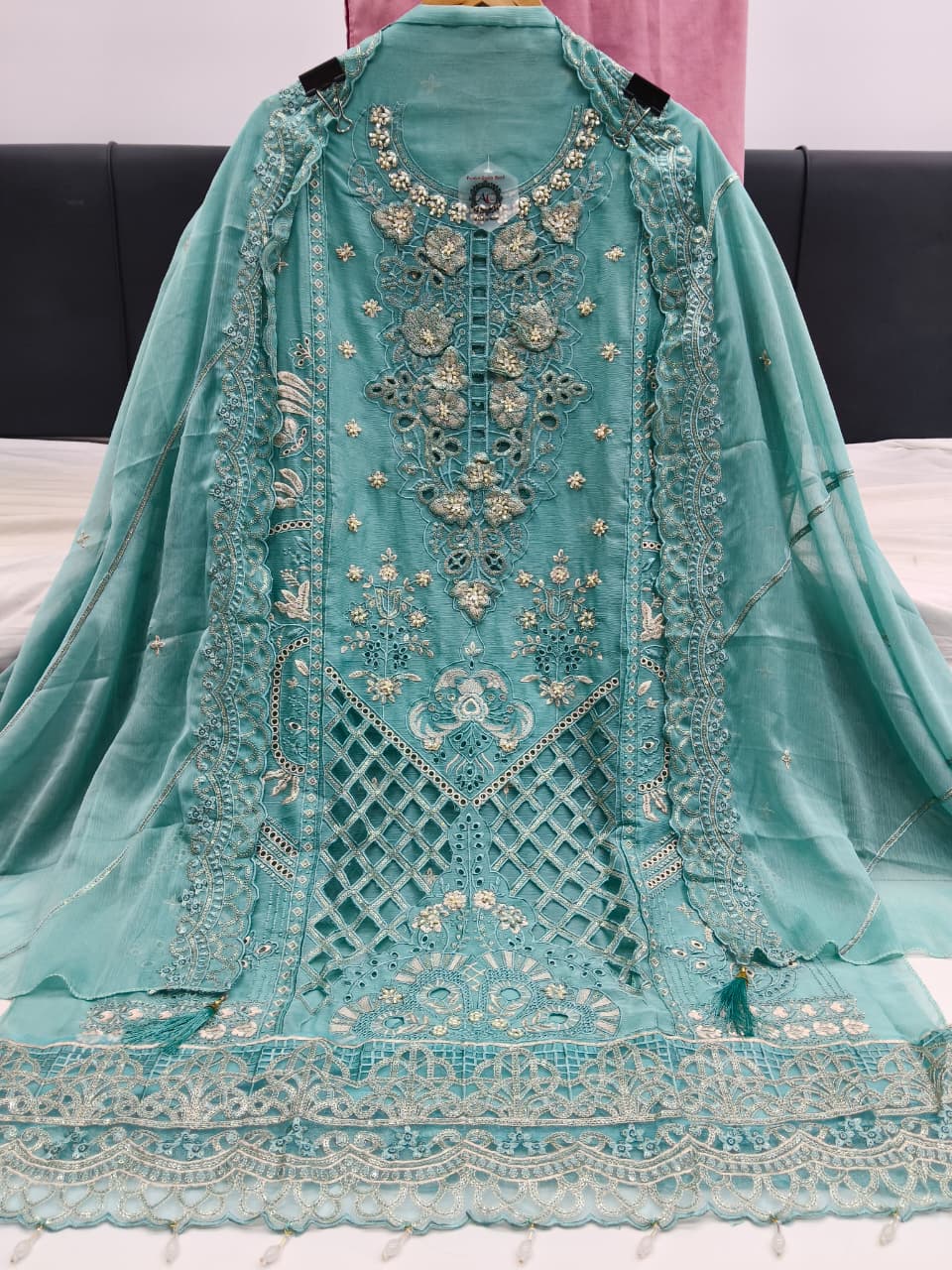 Women's Semi-Stitched Chiffon Suit Catalog Set in Assorted Colors with Heavy Embroidery and Cutwork