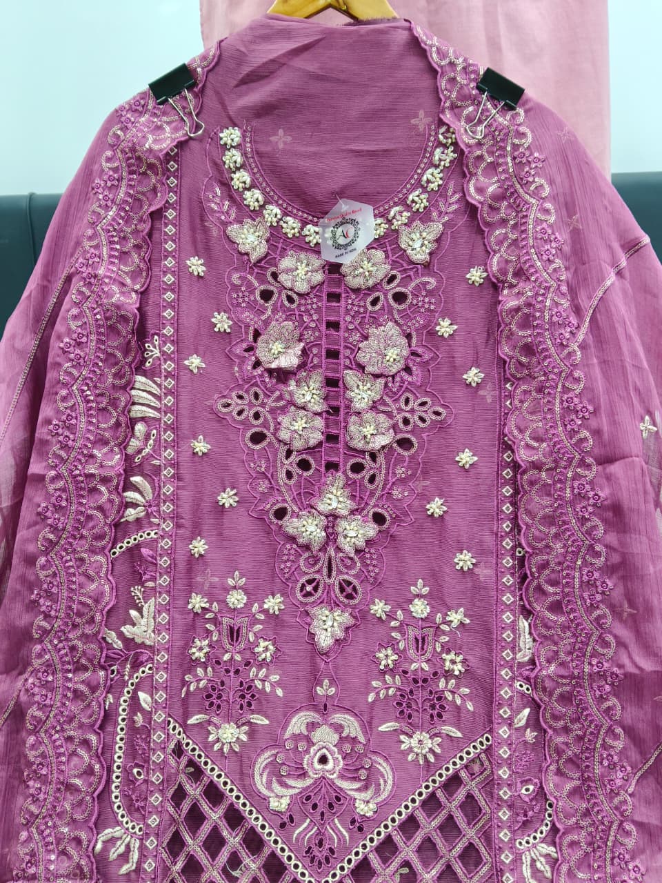 Women's Semi-Stitched Chiffon Suit Catalog Set in Assorted Colors with Heavy Embroidery and Cutwork