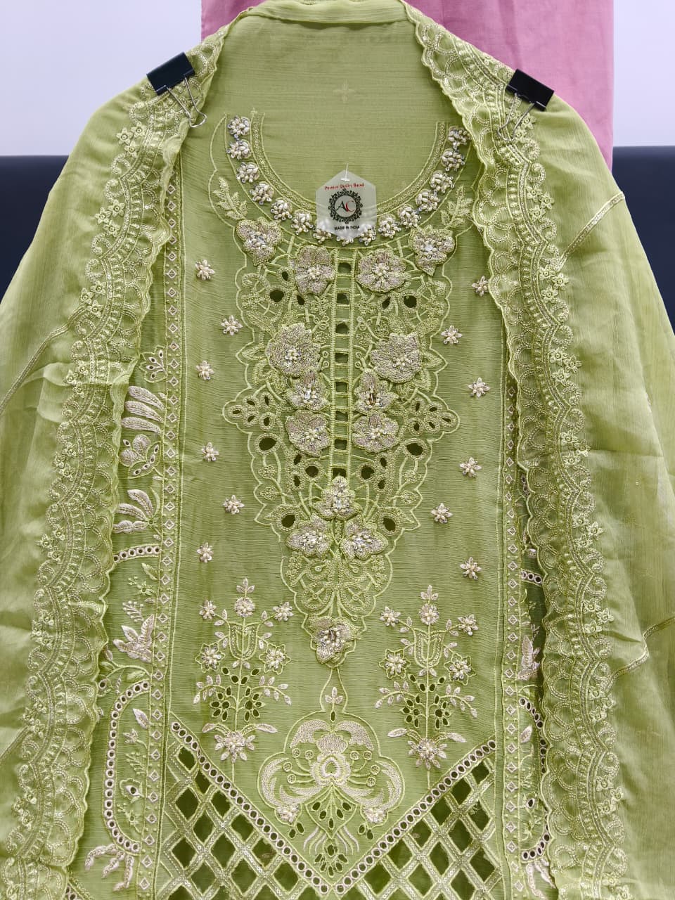 Women's Semi-Stitched Chiffon Suit Catalog Set in Assorted Colors with Heavy Embroidery and Cutwork
