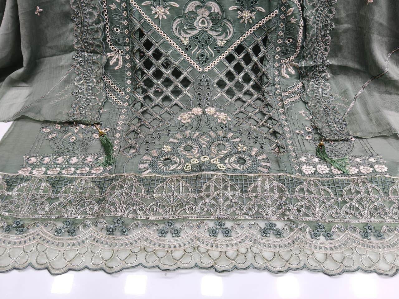Women's Semi-Stitched Chiffon Suit Catalog Set in Assorted Colors with Heavy Embroidery and Cutwork